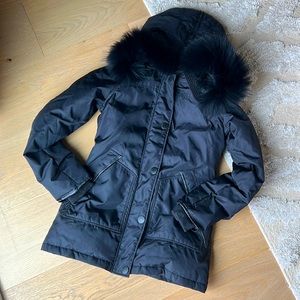 PAJAR down black winter ski snow jacket fur lined hood, full zip, leather trims
